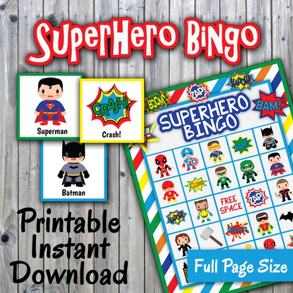 SuperHero Bingo Printable Game - 30 different Cards - Full Page Size - Super Hero Memory Game - Printable Party Game - INSTANT DOWNLOAD