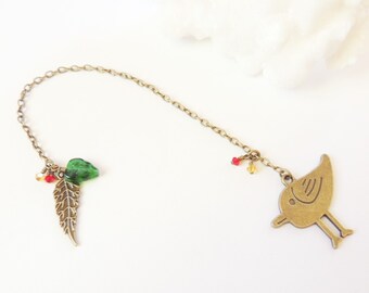 Bird Chain Bookmark with Crystal Accents, Antiqued Bronze Woodland Book Thong