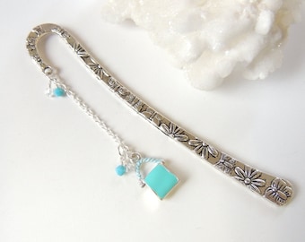 Turquoise Blue Purse Bookmark, Mothers Day Gift, Office Gift, Beaded Bookmark, Metal Bookmark, Fashion Bookmark, Flower Bookmark