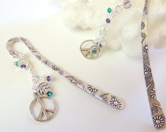 Peace Sign Flower Bookmark, Handmade Bookmarks, Boho Flower Bookmark, Beaded Bookmark, Woodland Hippie Floral
