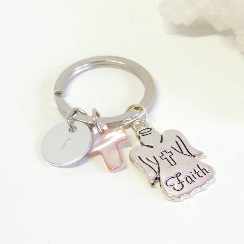 Angel Keychain With Hand Stamped Initial Faith Key Chain Key Etsy