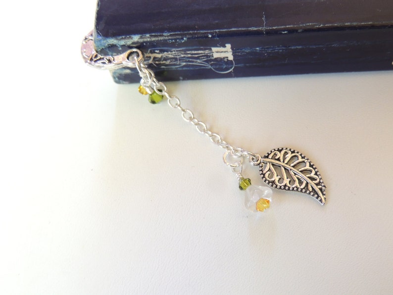 Leaf Bookmark with Small Glass Flower, Handmade Bookmarks, Metal Bookmark, Page Saver, Stocking Stuffer, Office Gift, Teacher Gift image 2