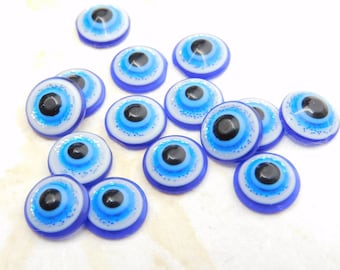 Blue Evil Eye Flat Back Cabochons 10mm with Glitter, Resin Eye Cabochons, DIY Jewelry Making Cabs, Jewelry Supplies
