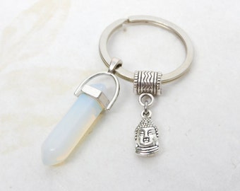 Crystal Point Key Chain with Charm, Crystal Charm Keyring, Crystal Point Pendant, Buddhist Keychain, Key Chains, Unisex Gifts,