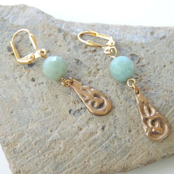 Amazonite and Handcast Bronze Metalwork Earrings, Metalwork Earrings, Stone Earrings. A159