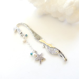 Mermaid Bookmark with Starfish Charm and Freshwater Pearls, Metal Bookmark, Little Mermaid, Tibetan Silver Bookmark, Charm Bookmark. B291
