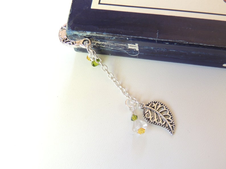 Leaf Bookmark with Small Glass Flower, Handmade Bookmarks, Metal Bookmark, Page Saver, Stocking Stuffer, Office Gift, Teacher Gift image 4