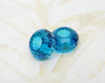 Teal Large Hole Glass Bead, Faceted Rondelle Bead, Euro Bead, 14mm Glass Bead, Jewelry Supply