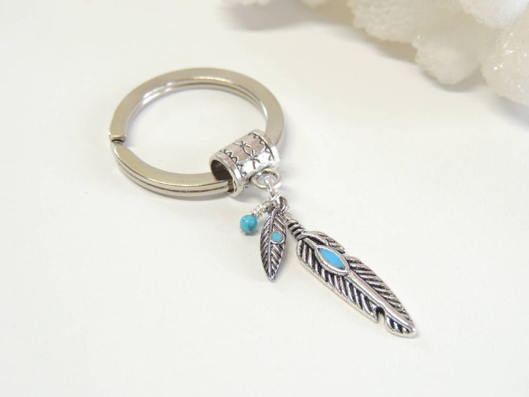 Boho Tribal Feather Keychain With Turquoise, Feather Key Chain, Key ...