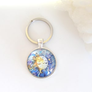 Celestial Sun Moon Keychain, Sun Key Chain, Glass Dome Keychain, Key Ring, Unisex Gifts, Celestial Gift
