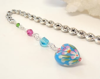 Colorful Glass Heart Bookmark, Metal Bookmark, Mothers Day Gift, Beaded Bookmark, Teacher Gift