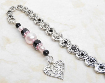 Heart Bookmark, Tibetan Silver Beaded Bookmark, Gift for Mom, Anniversary Gift
