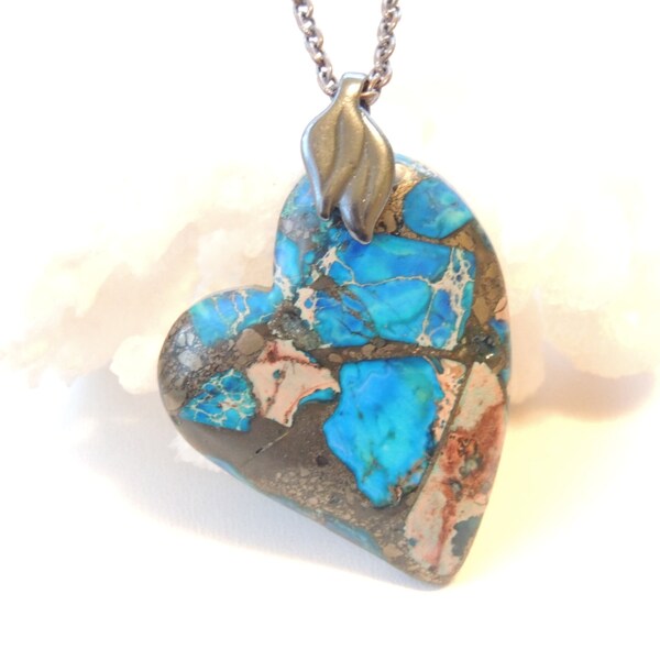 Colorful Blue Sea Sediment Jasper Heart Necklace, Heart Shaped Jasper Pendant, Valentines Day Gift, Love Heart Necklace. B114