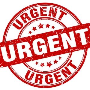 May include: Red distressed round stamp with the word "URGENT" in white lettering.