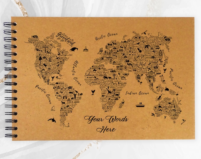 Personalised A5/A4/A3 WORD ART World Map Scrapbook Travel Journal, Photo Album, Gift