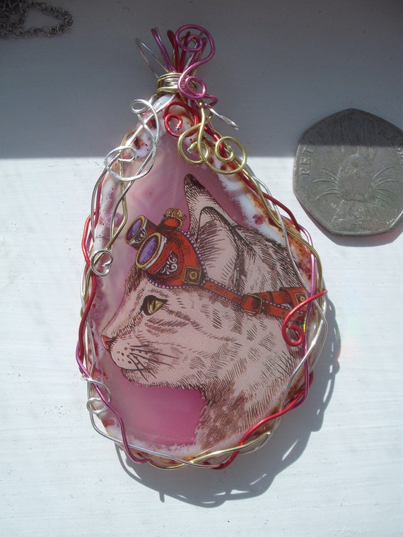 Handmade Wire Wrapped Steampunk CAT Pendant Ooak Bespoke UK