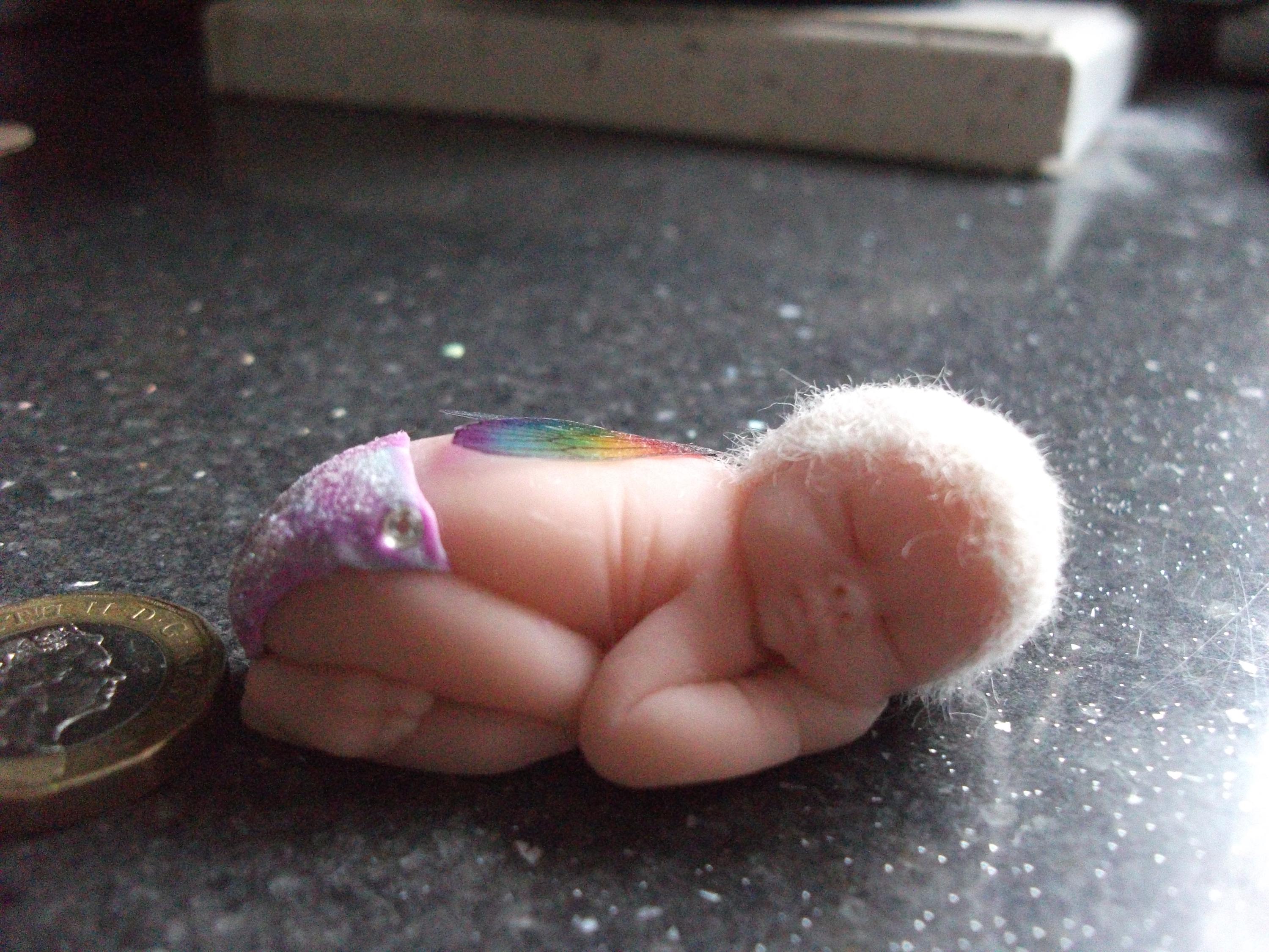 Handmade Teenie Weenie Newborn Baby Fairy her name is Ella with rainbow wings she measures just 2" in size