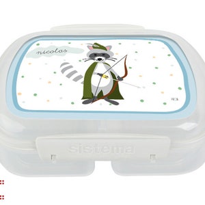 Lunchbox mit dem eigenen Namen und süssem Waschbär Motiv für Kindergarten und Schule