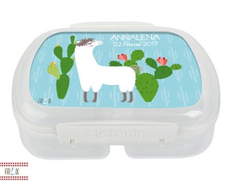 Süße Lama Lunchbox mit deinem Namen für Schule und Kindergarten