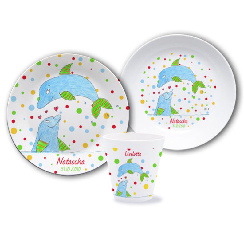 Children's tableware personalized, children's plate with name, gift baptism, birth, baptismal gift, set melamine, baby plate porridge bowl, dolphins image 1
