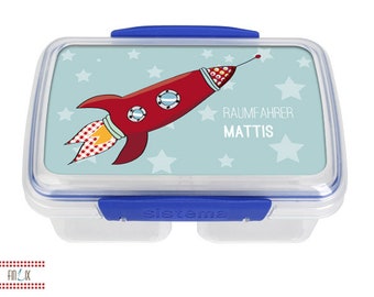 Weltraum Lunchbox mit toller Rakete, Sternchen und sem eigenen Namen für Schule und Kindergarten