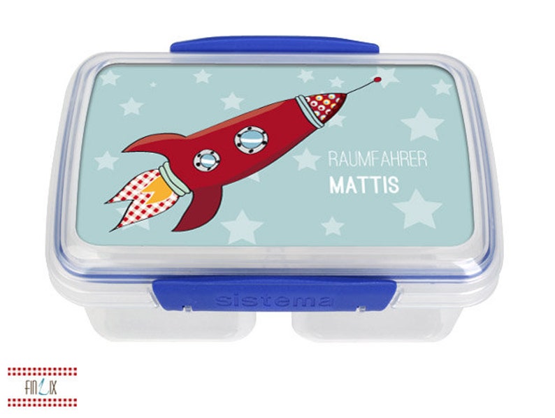 Weltraum Lunchbox mit toller Rakete, Sternchen und sem eigenen Namen für Schule und Kindergarten Bild 1