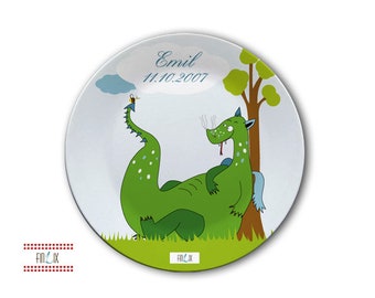 Assiette pour enfants avec nom-dragons (bleu)