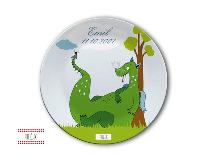 Children's plate with name-dragons blue image 1