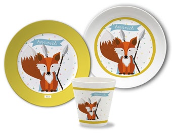 Kinderservies BPA vrij met naam gepersonaliseerd, kinderbord, doopcadeau, geschenk doop geboorte, servies set melamine, vos