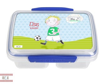 Frühstücksdose Lunchbox mit dem eigenen Namen und tollem Kicker Fussballer Motiv für Kindergarten und Schule