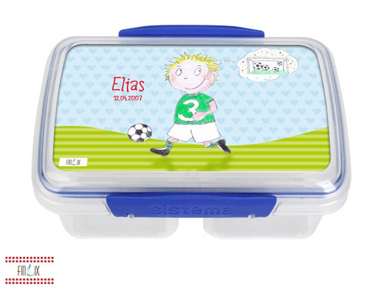 Frühstücksdose Lunchbox mit dem eigenen Namen und tollem Kicker Fussballer Motiv für Kindergarten und Schule Bild 1