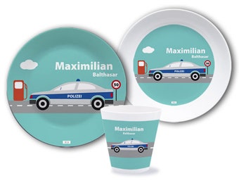 Kinderservies BPA gratis met naam gepersonaliseerd, kinderbord, doopcadeau, geschenk doop geboorte, servies set melamine, politie