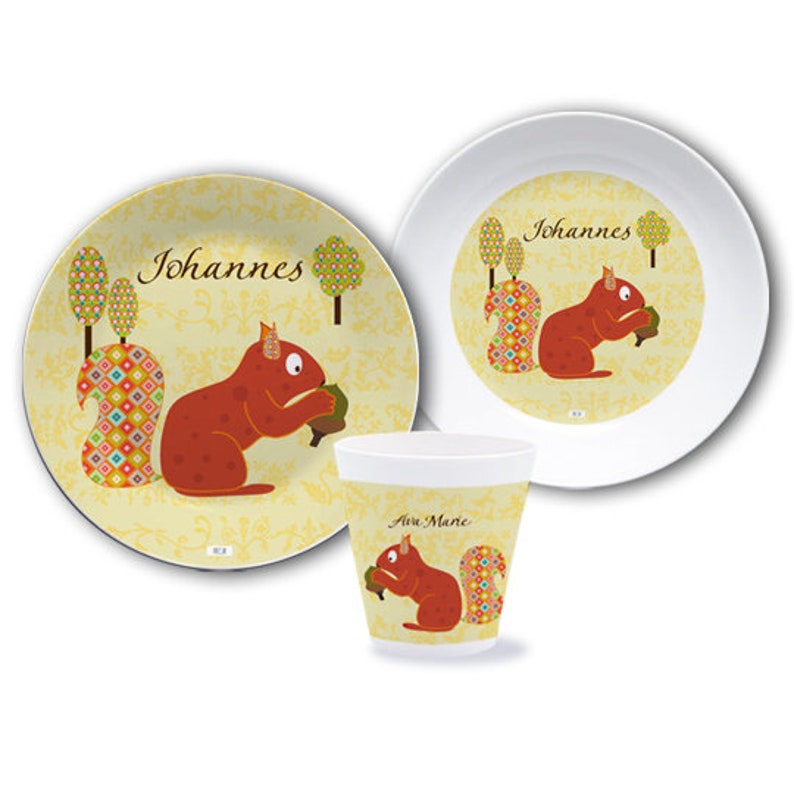 Children's plate with name, personalized children's gift, baptism, baptism, first birthday, children's tableware set melamine, squirrel image 1