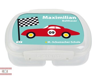 Lunch box with a racing car and your own name for kindergarten and school