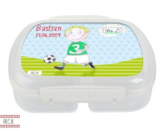 Lunchbox with your own name and great kicker footballer motif for kindergarten and school