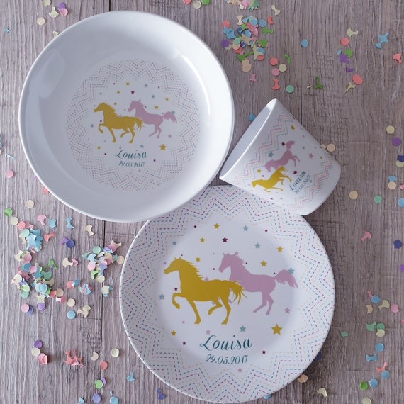 Vajilla infantil, plato infantil con nombre, personalizado, regalo  bautismal, regalo de nacimiento, juego de vajilla infantil melamina,  nombre, caballos -  México