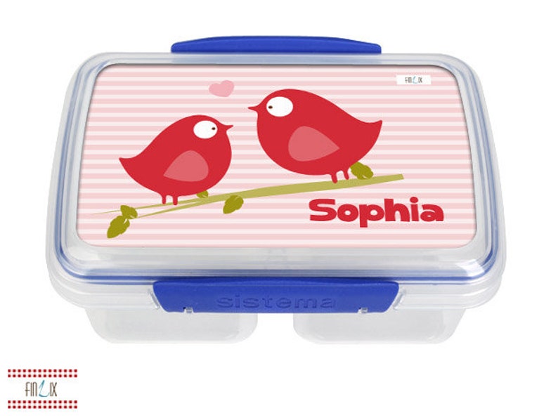 Vögelchen Lunchbox Brotdose personalisiert mit dem eigenen Namen für Kindergarten Schule und Freizeit Bild 1