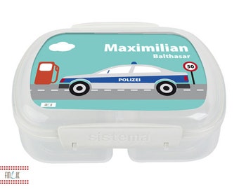 Lunchbox mit Polizei Motiv und dem eigenen Namen für Kindergarten und Schule