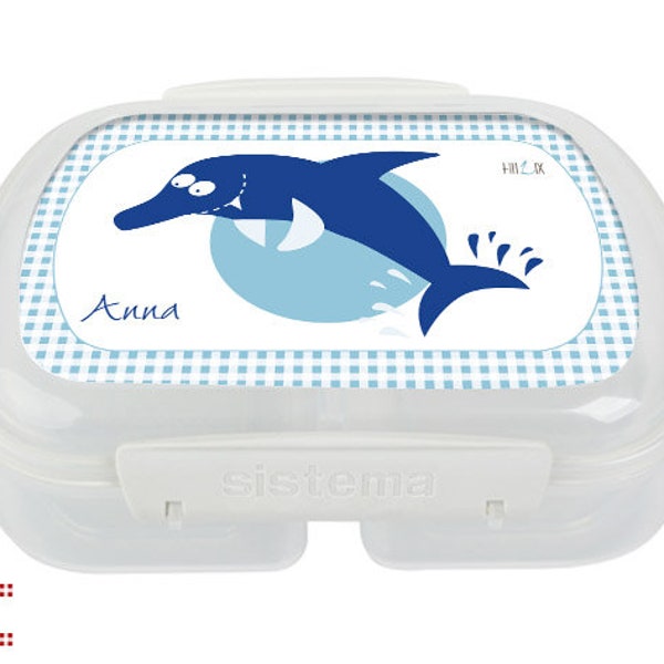 Lunchbox mit dem eigenen Namen und süssem Delfin Motiv für Kindergarten und Schule