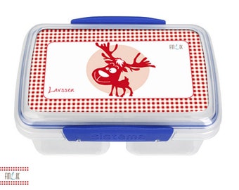 Lunchbox mit dem eigenen Namen und süssem Elch Motiv für Kindergarten und Schule