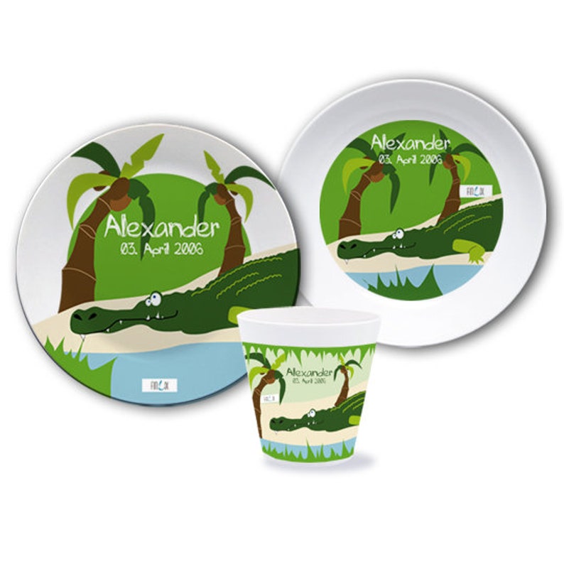 Kindergeschirr mit Namen personalisiert Teller Kinderteller Becher Tasse Teller für Mädchen, Baby oder Jungen, Affe, Dschungeltiere Bild 4