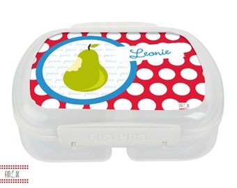 Bread tin with wish name and retro motif pear for kindergarten and school