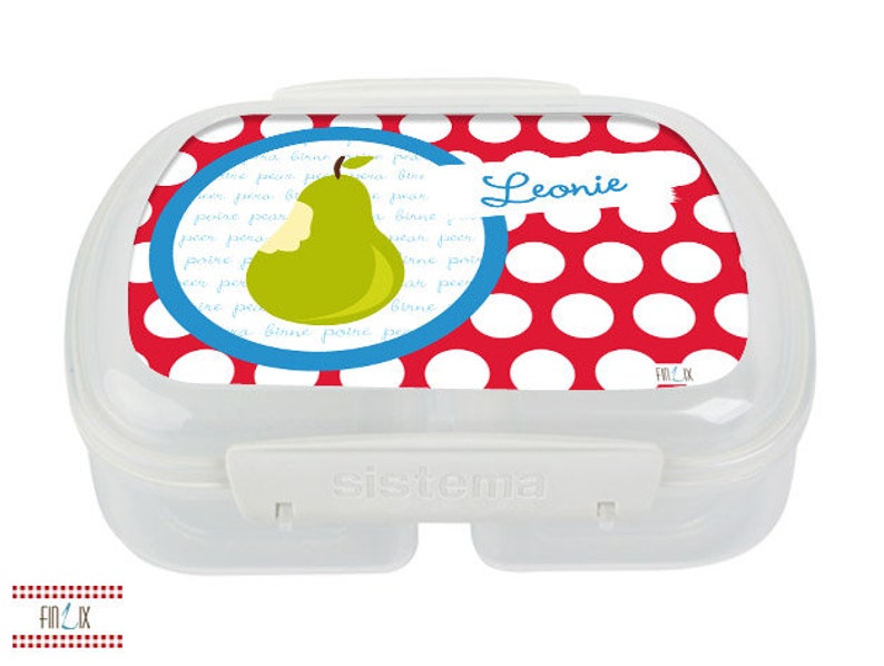 Bread tin with wish name and retro motif pear for kindergarten and school image 1