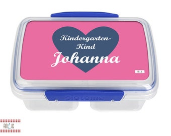 Lunchbox Brotdose mit Wunschnamen und Herz Motiv in pink für Kindergarten und Schule