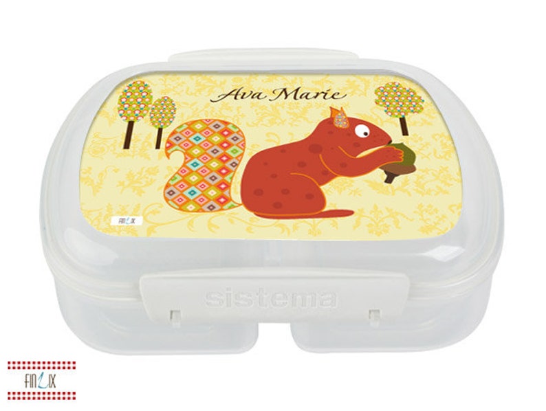 Lunchbox mit Eichhörnchen und dem eigenen Namen für Kindergarten und Schule Bild 1