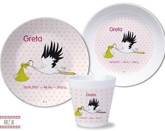 Kindergeschirr, Kinderteller mit Namen, personalisiert, Taufgeschenk, Geschenk Geburt, Kindergeschirr Set Melamin, Name, Storch