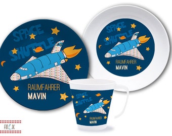 Vaisselle pour enfants personnalisée, assiette pour enfants avec nom, cadeau baptême, naissance, cadeau de baptême, ensemble mélamine, bol de bouillie d’assiette pour bébé, astronaute