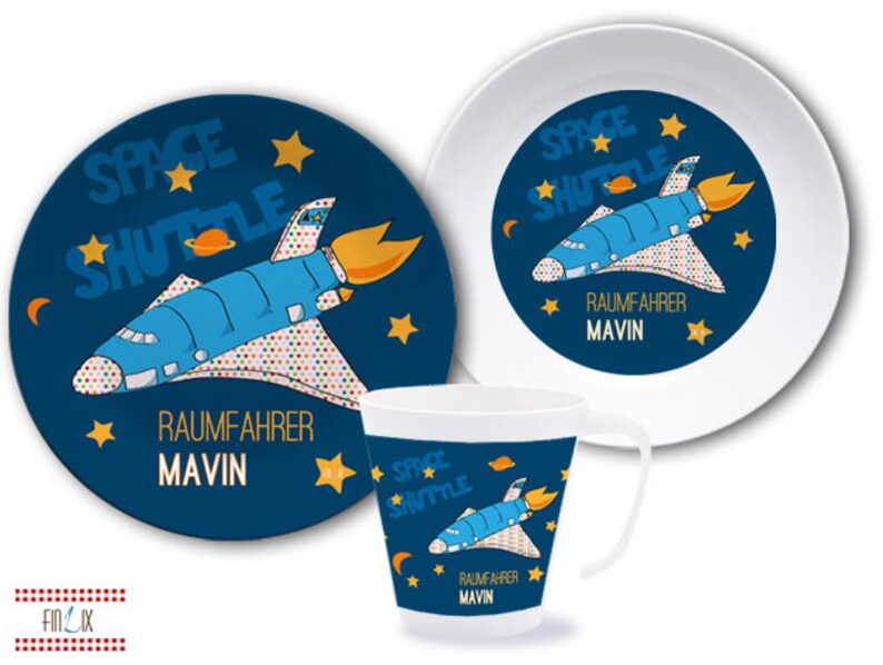 Kindergeschirr personalisiert, Kinderteller mit Namen, Geschenk Taufe, Geburt, Taufgeschenk, Set Melamin, Baby Teller Breischale, Astronaut Bild 1