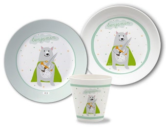 Kindergeschirr, Kinderteller mit Namen, personalisiert, Taufgeschenk, Geschenk Geburt, Kindergeschirr Set Melamin, Name, Bär