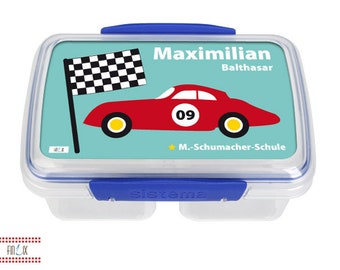 Bread tin with racing car and own name for kindergarten and school